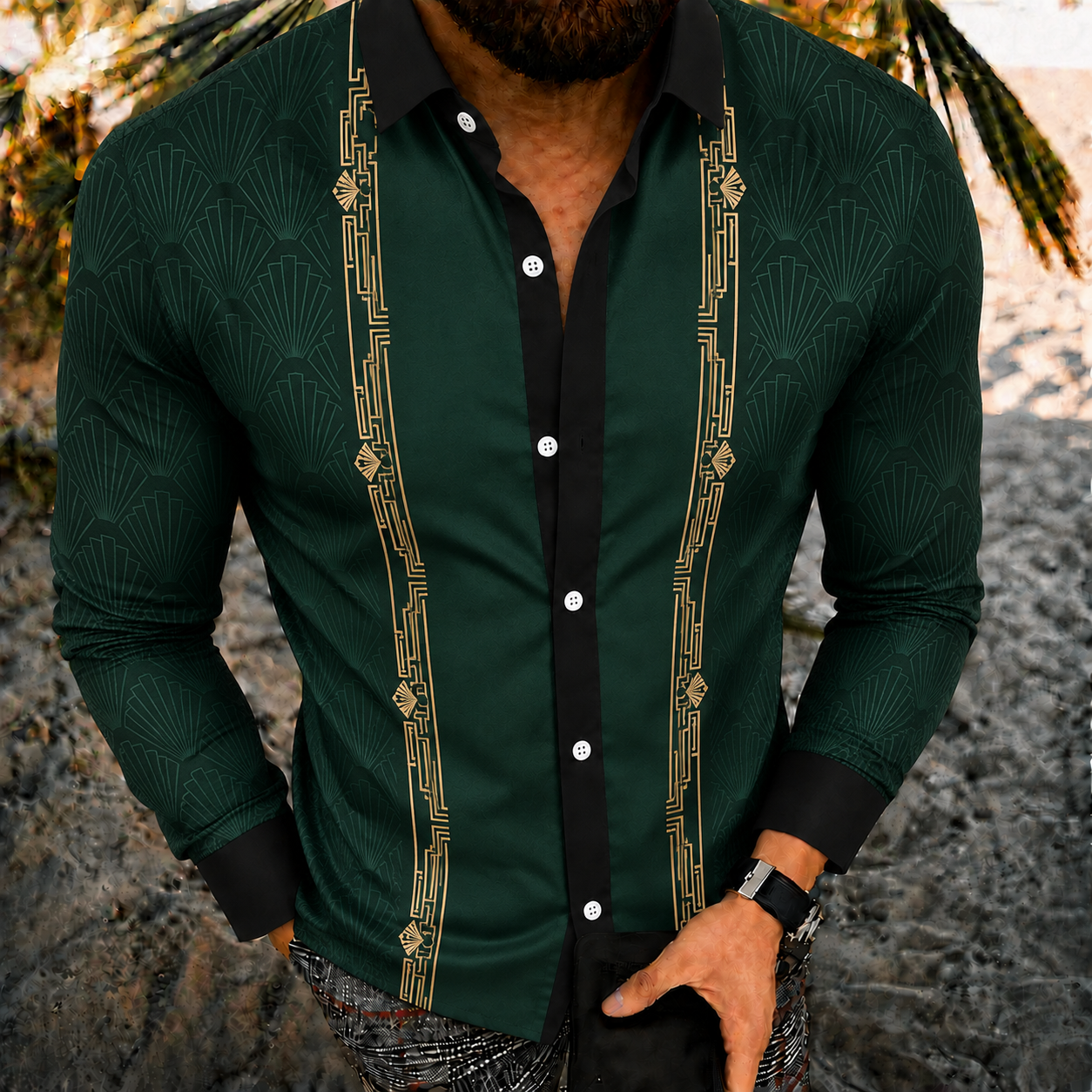 Men's Vintage-Style Long-Sleeve Casual Button-Up Shirt -352