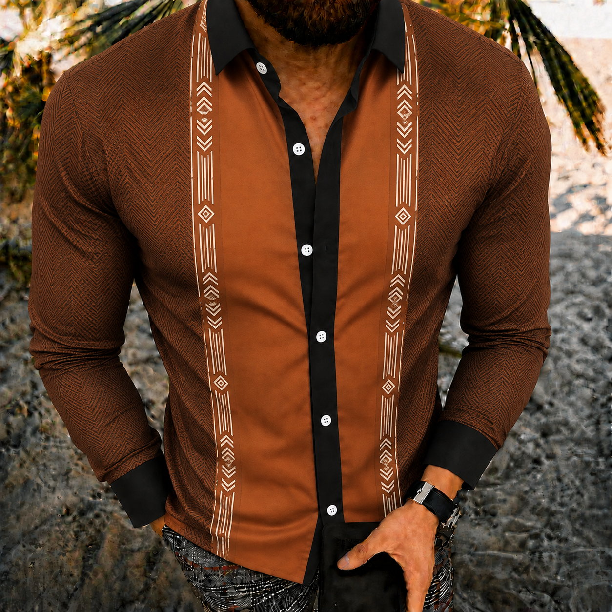 Men's Vintage-Style Long-Sleeve Casual Button-Up Shirt -354