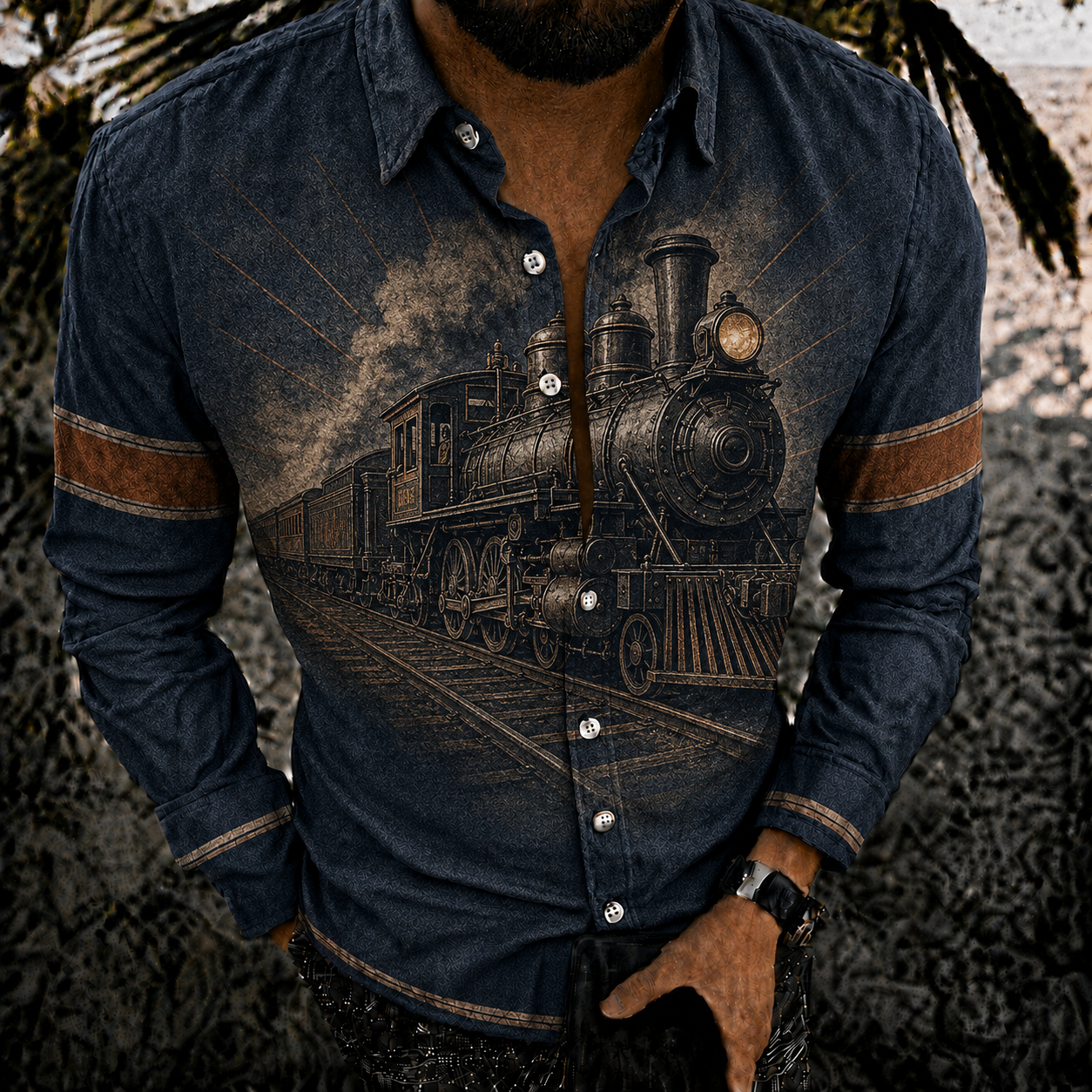 Men's Vintage-Style Long-Sleeve Casual Button-Up Shirt -355