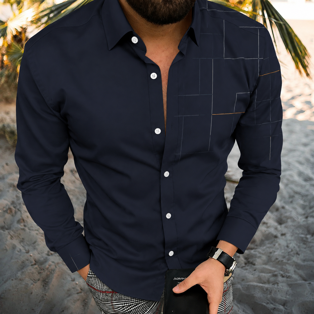 Men's Vintage-Style Long-Sleeve Casual Button-Up Shirt -357