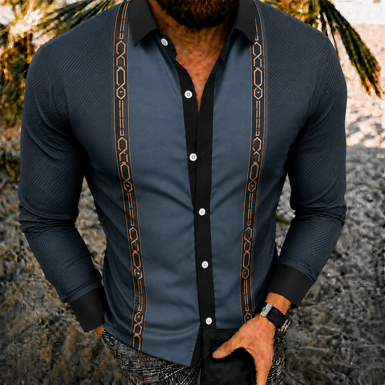 Men's Vintage-Style Long-Sleeve Casual Button-Up Shirt -358