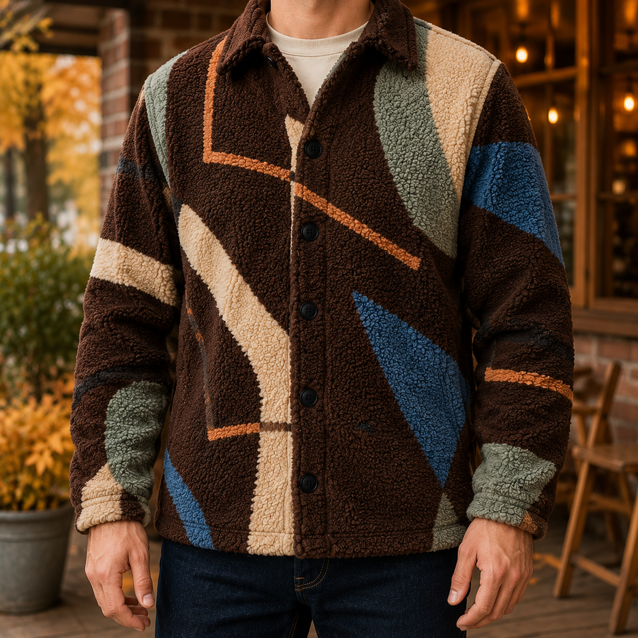 Men's Geometric Fleece Shacket | Warm Shirt Jacket -36