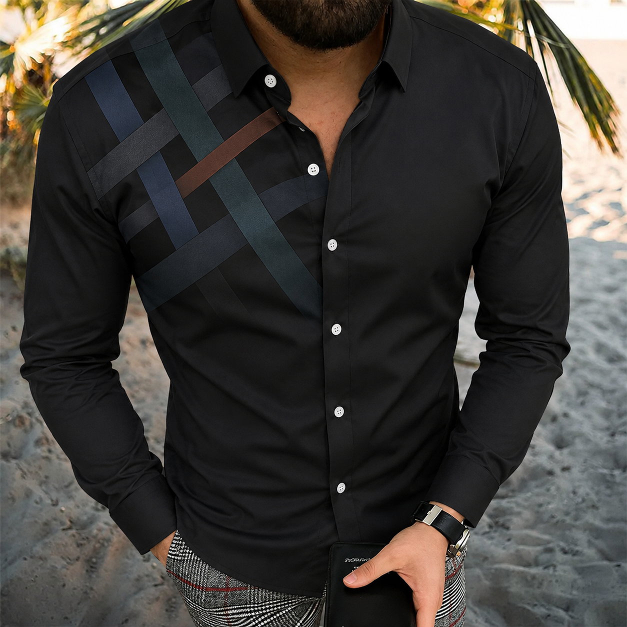 Men's Vintage-Style Long-Sleeve Casual Button-Up Shirt -361