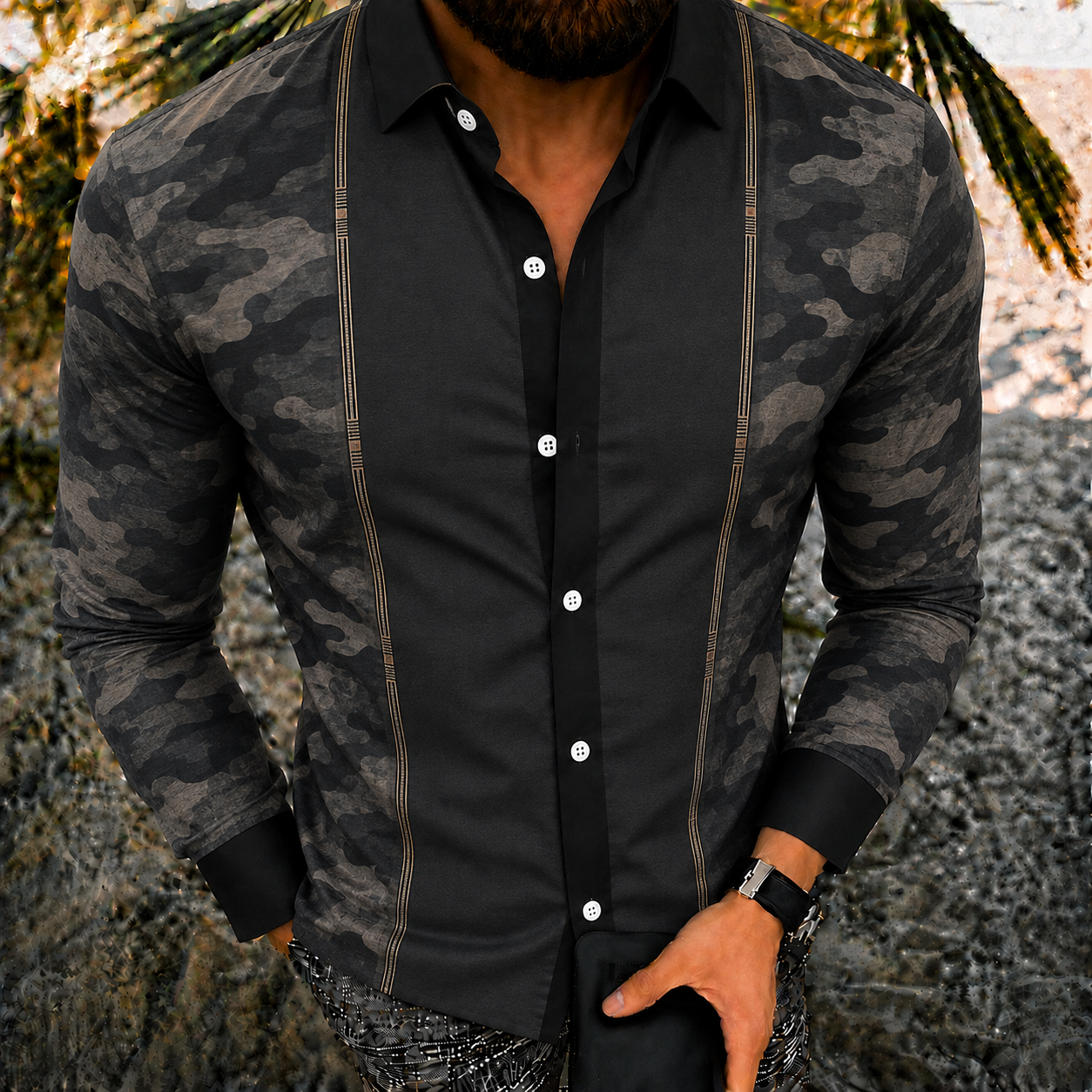 Men's Vintage-Style Long-Sleeve Casual Button-Up Shirt -363