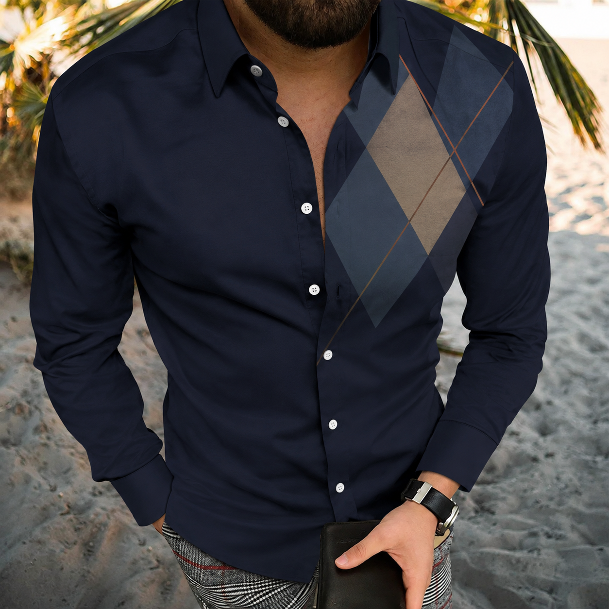 Men's Vintage-Style Long-Sleeve Casual Button-Up Shirt -364