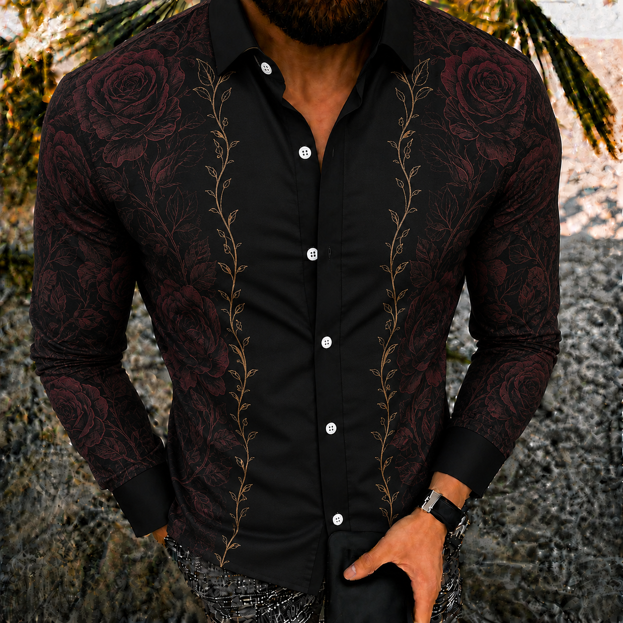 Men's Vintage-Style Long-Sleeve Casual Button-Up Shirt -366