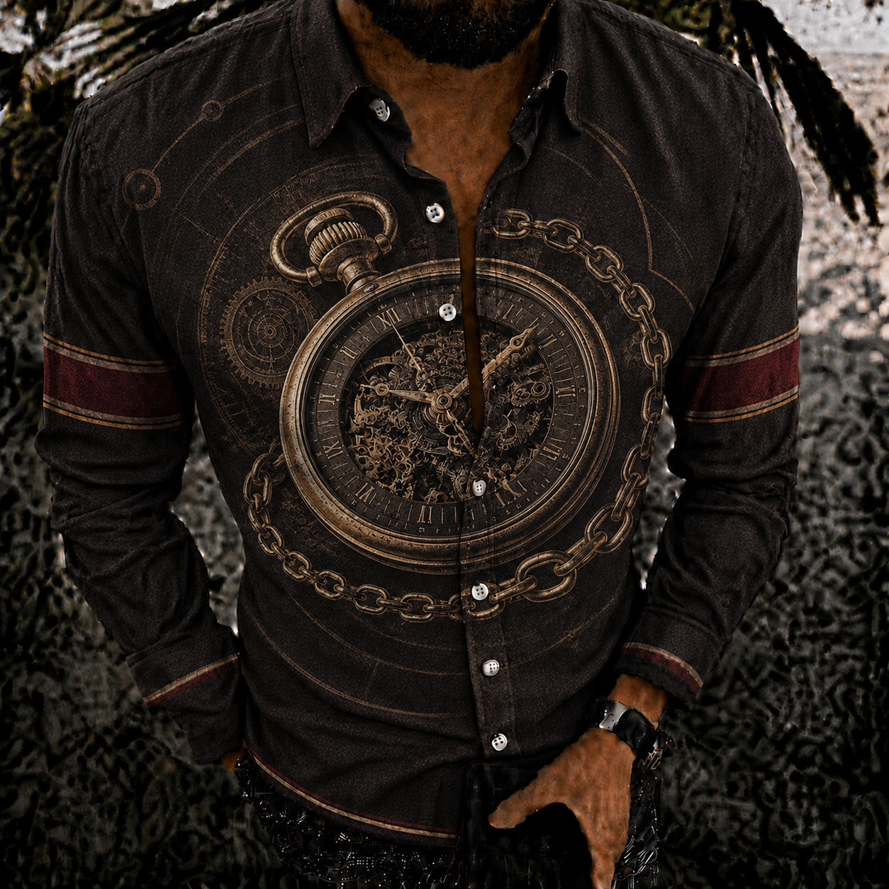 Men's Vintage-Style Long-Sleeve Casual Button-Up Shirt -368