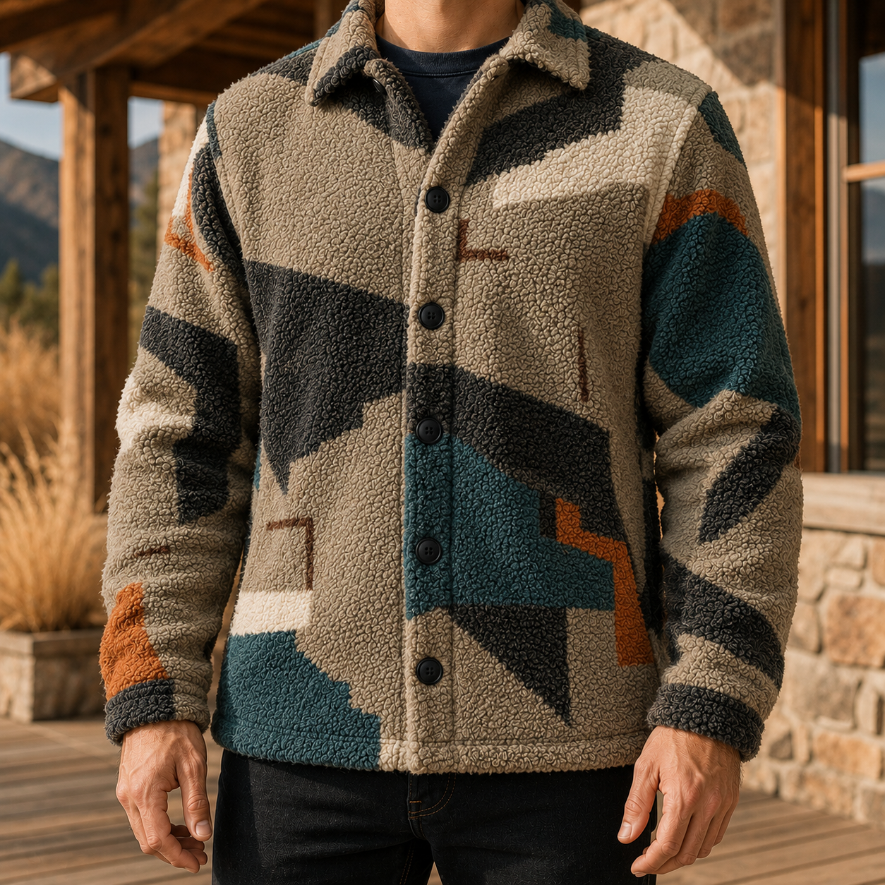 Men's Geometric Fleece Shacket | Warm Shirt Jacket -37