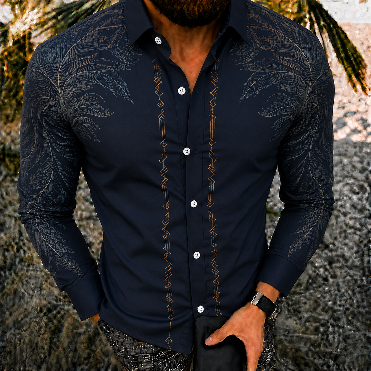 Men's Vintage-Style Long-Sleeve Casual Button-Up Shirt -370