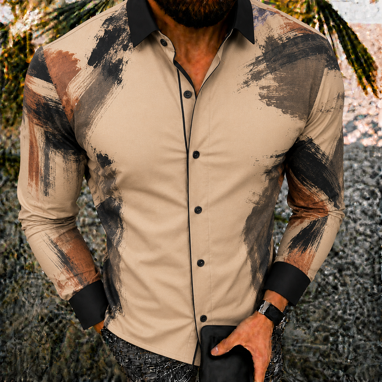 Men's Vintage-Style Long-Sleeve Casual Button-Up Shirt -372