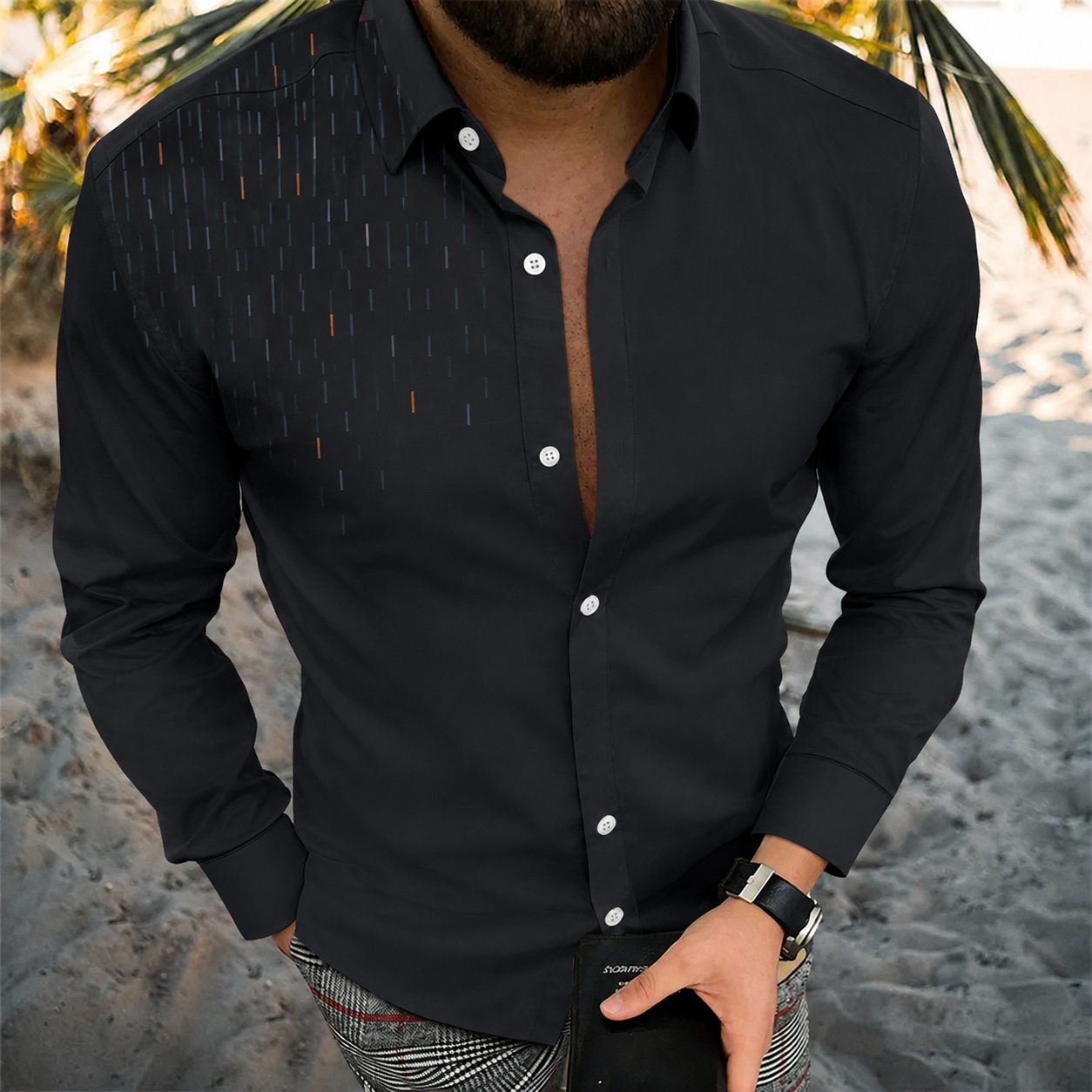 Men's Vintage-Style Long-Sleeve Casual Button-Up Shirt -374