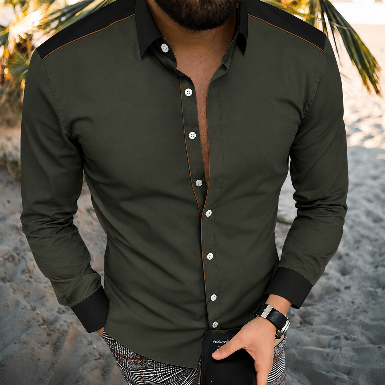 Men's Vintage-Style Long-Sleeve Casual Button-Up Shirt -377