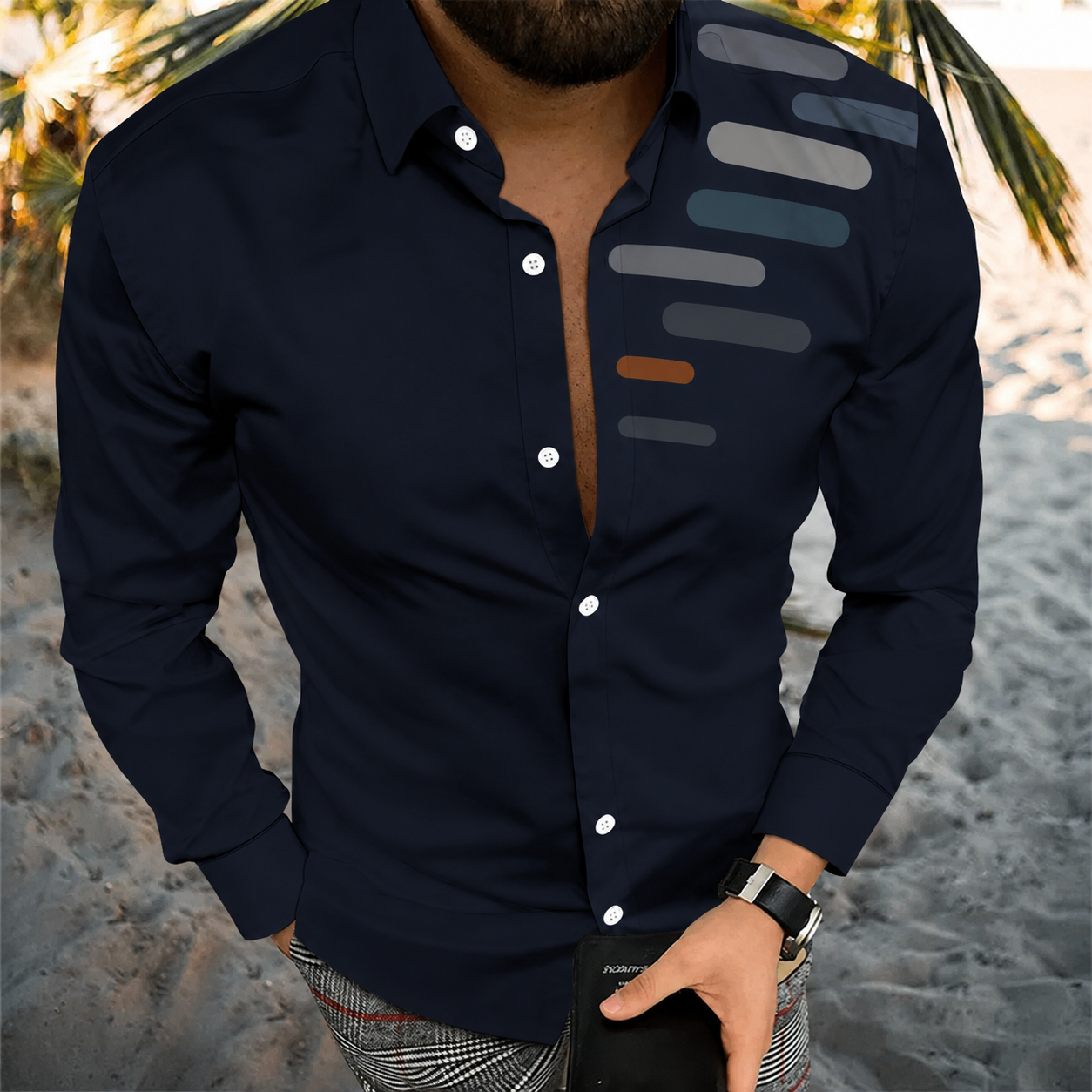 Men's Vintage-Style Long-Sleeve Casual Button-Up Shirt -378