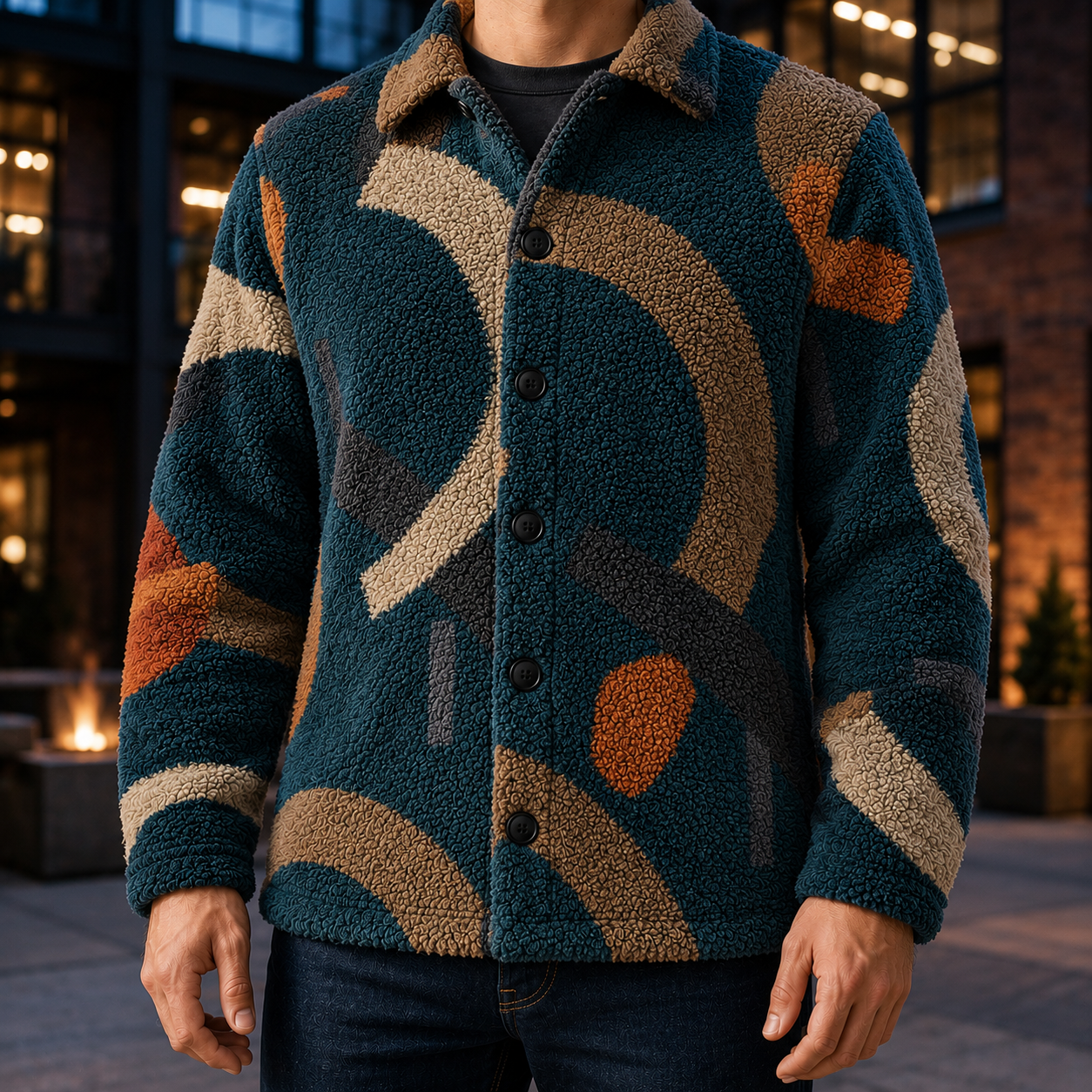 Men's Geometric Fleece Shacket | Warm Shirt Jacket -38