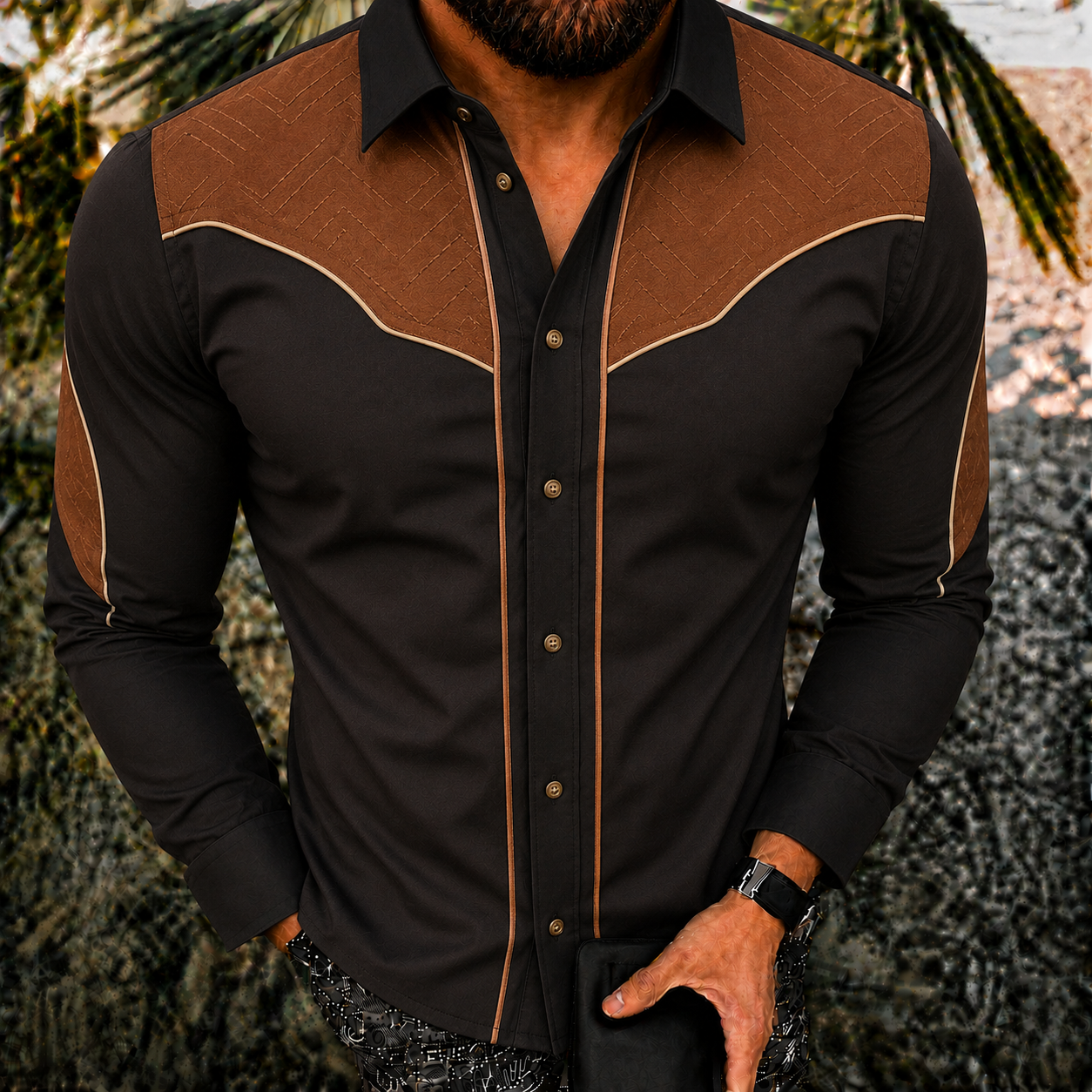 Men's Vintage-Style Long-Sleeve Casual Button-Up Shirt -382