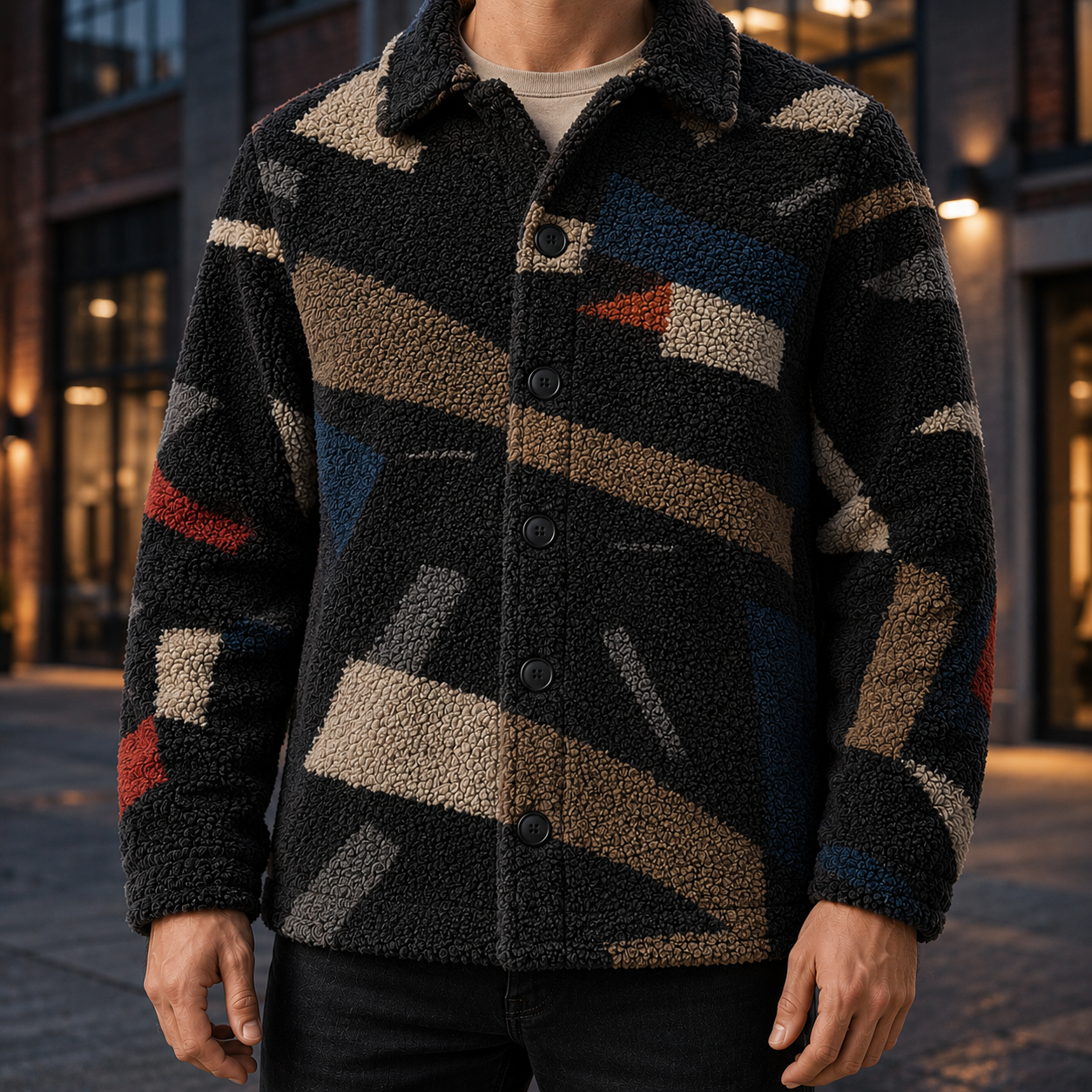 Men's Geometric Fleece Shacket | Warm Shirt Jacket -39