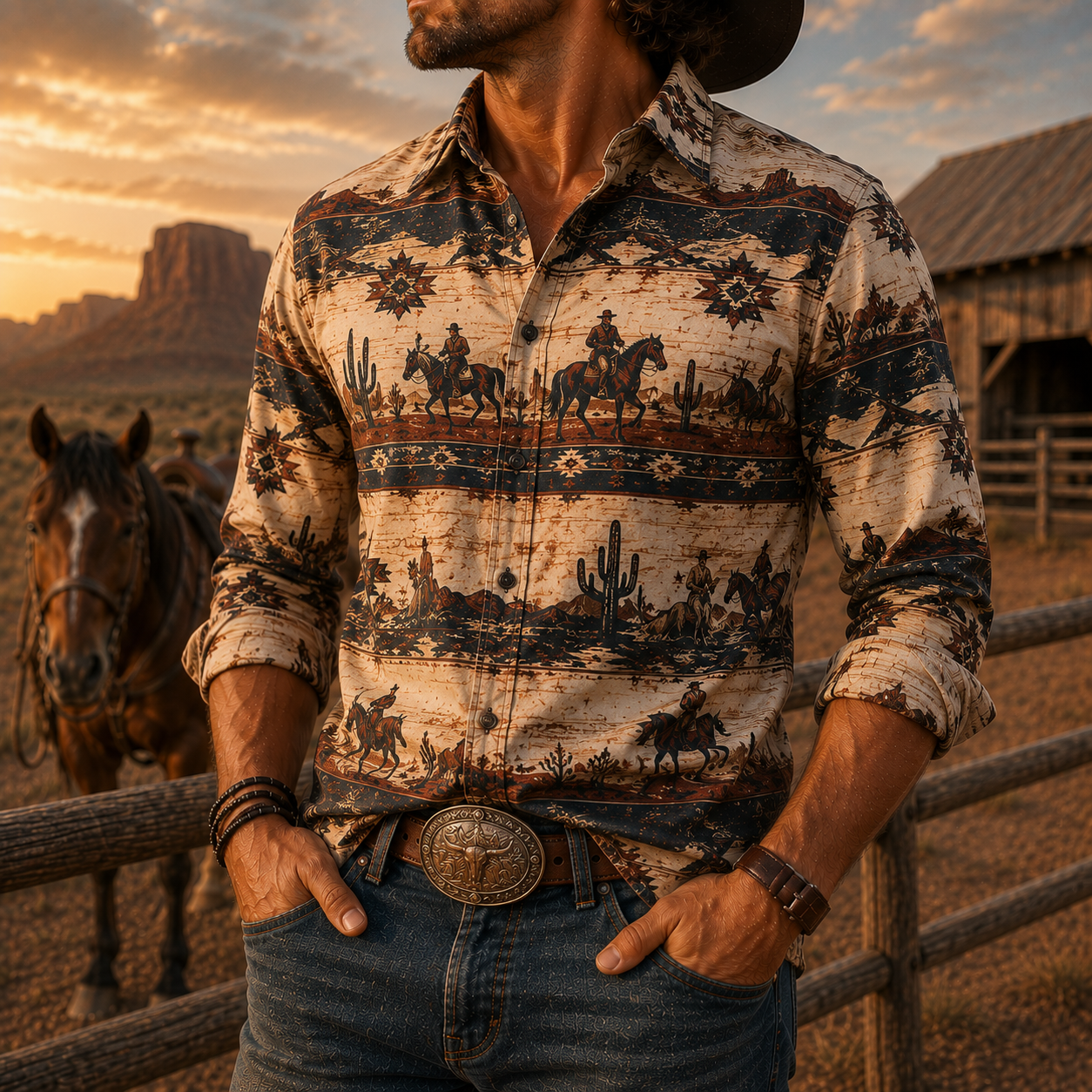 Men's Vintage Western Cowboy-Style Printed Short-Sleeve Shirt-26