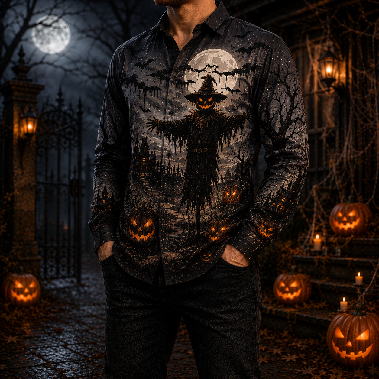 Men's Vintage Halloween Print Long-Sleeve Shirt-70