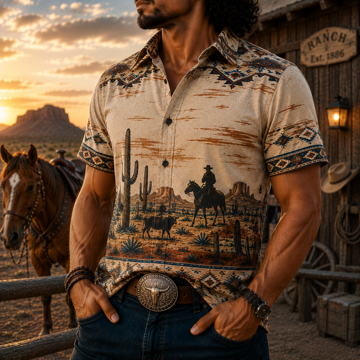 Men's Vintage Western Cowboy-Style Printed Short-Sleeve Shirt-79