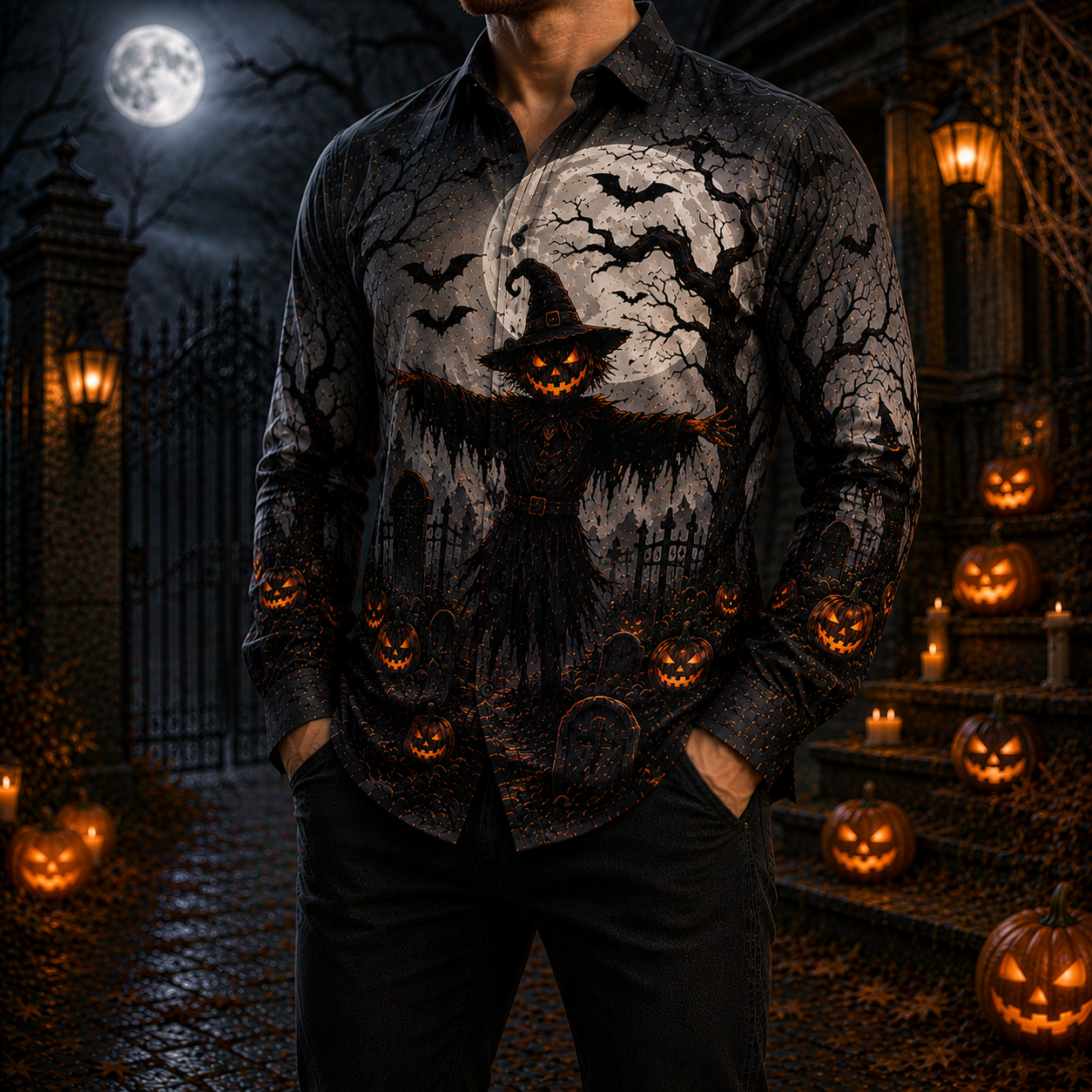 Men's Vintage Halloween Print Long-Sleeve Shirt-81