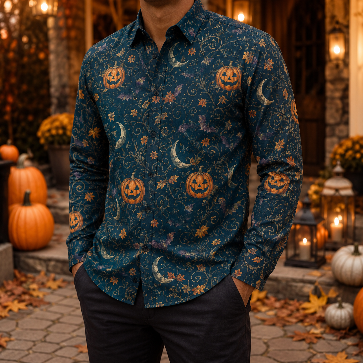 Men's Vintage Halloween Print Long-Sleeve Shirt-32