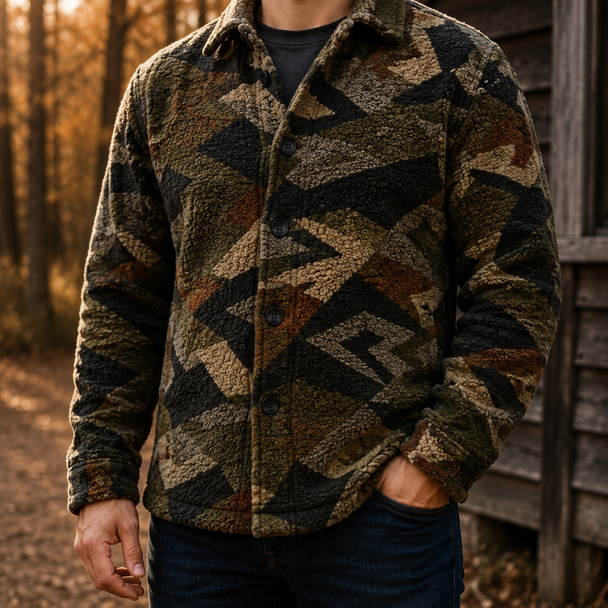 Men's Geometric Fleece Shacket | Warm Shirt Jacket -4