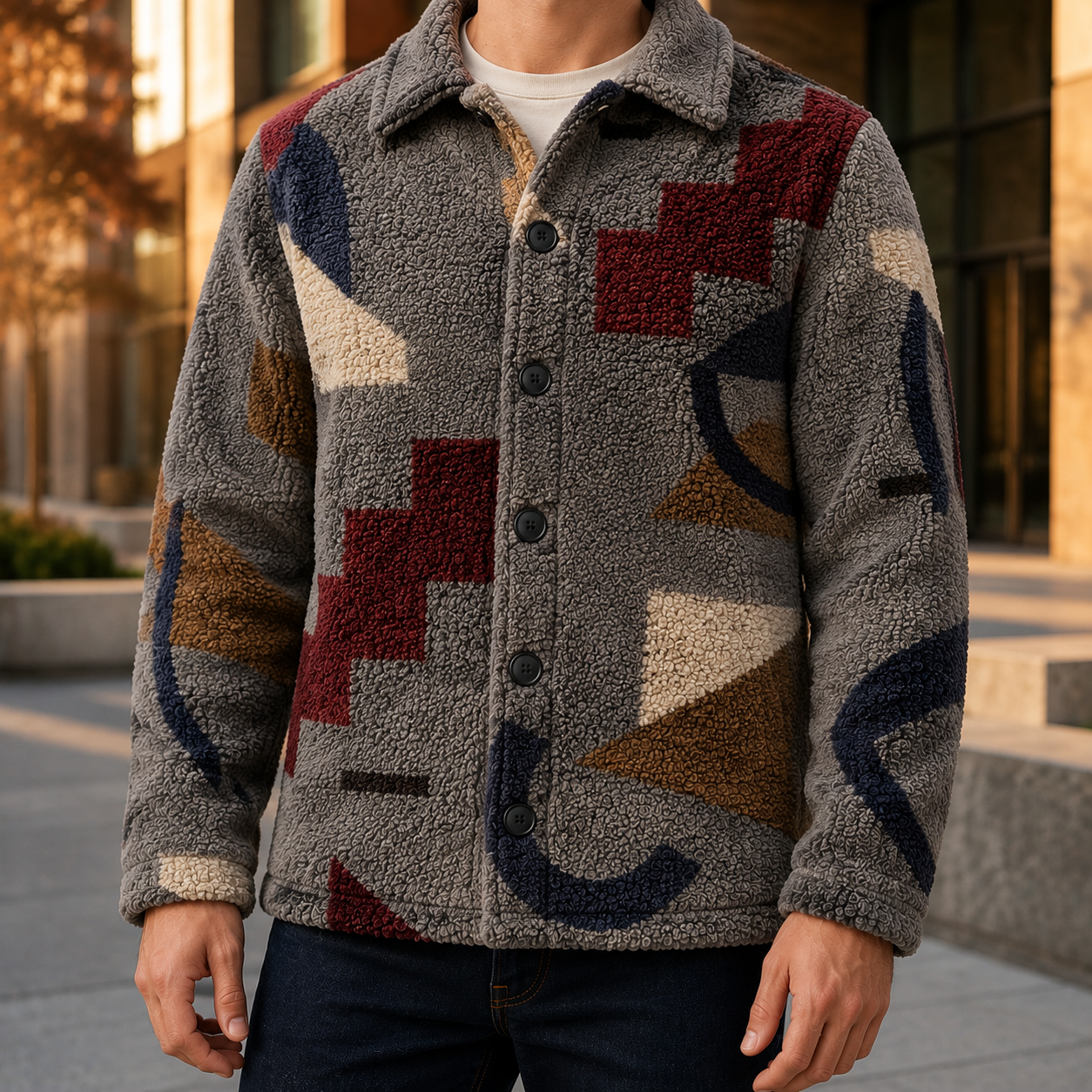 Men's Geometric Fleece Shacket | Warm Shirt Jacket -40