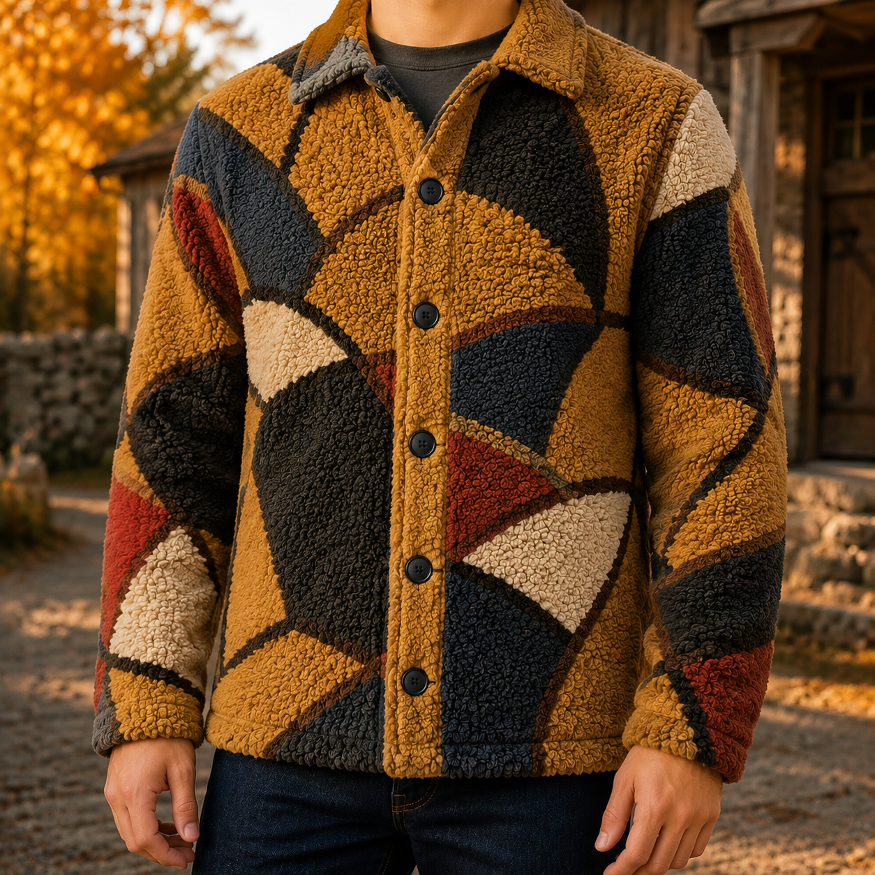 Men's Geometric Fleece Shacket | Warm Shirt Jacket -41