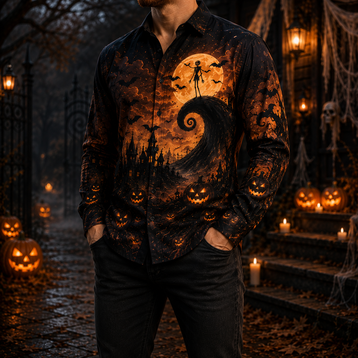 Men's Vintage Halloween Print Long-Sleeve Shirt-61