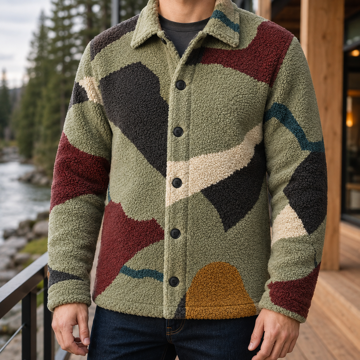 Men's Geometric Fleece Shacket | Warm Shirt Jacket -42
