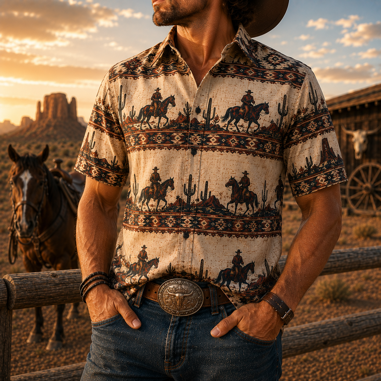 Men's Vintage Western Cowboy-Style Printed Short-Sleeve Shirt-29