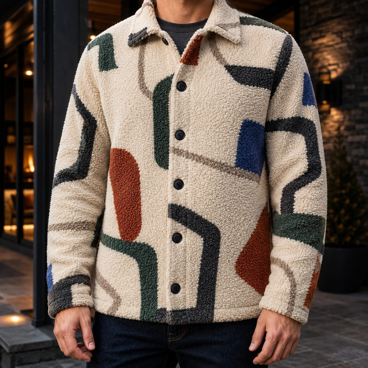 Men's Geometric Fleece Shacket | Warm Shirt Jacket -43