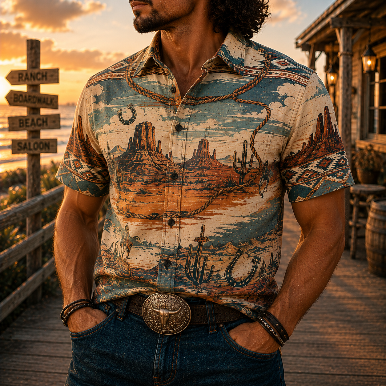 Men's Vintage Western Cowboy-Style Printed Short-Sleeve Shirt-74