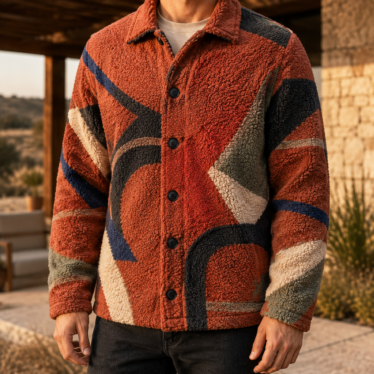 Men's Geometric Fleece Shacket | Warm Shirt Jacket -44