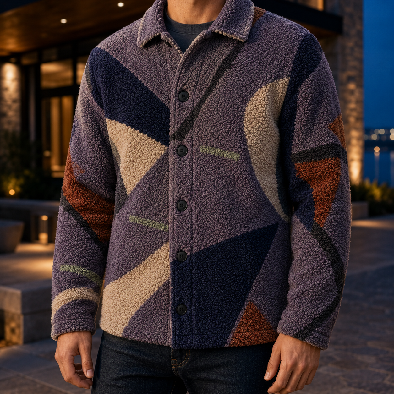 Men's Geometric Fleece Shacket | Warm Shirt Jacket -45