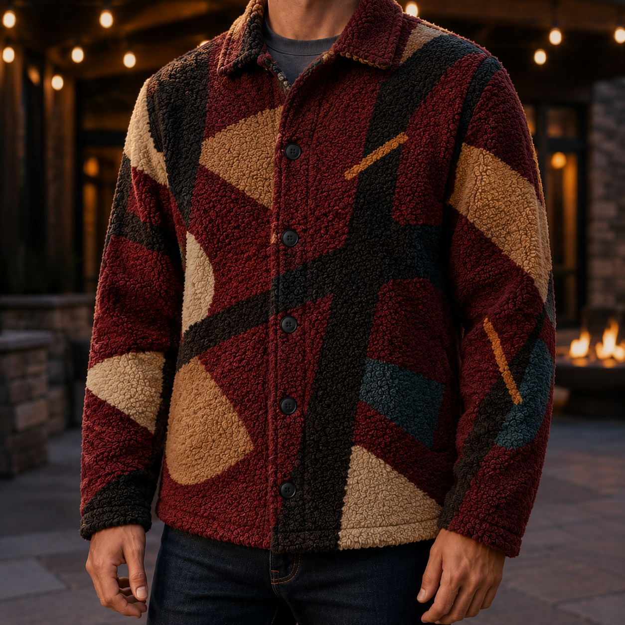 Men's Geometric Fleece Shacket | Warm Shirt Jacket -46