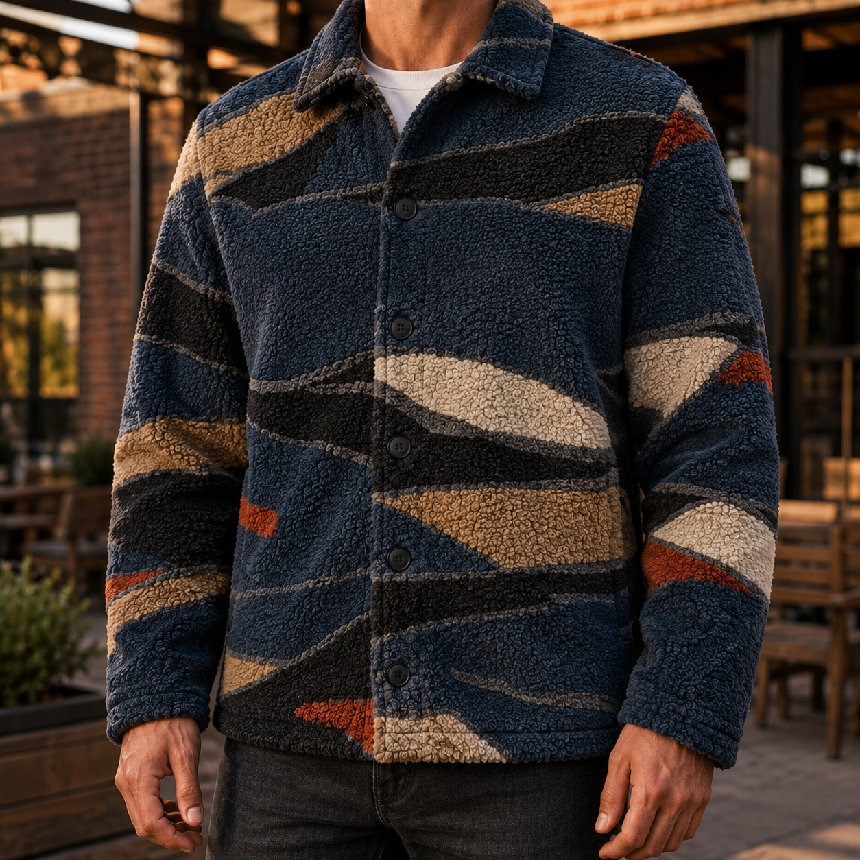 Men's Geometric Fleece Shacket | Warm Shirt Jacket -47