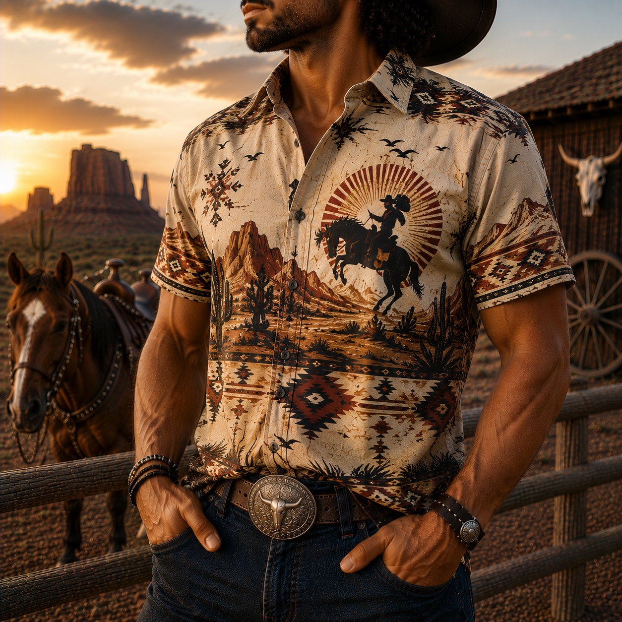 Men's Vintage Western Cowboy-Style Printed Short-Sleeve Shirt-63
