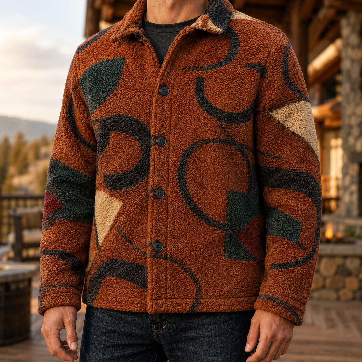 Men's Geometric Fleece Shacket | Warm Shirt Jacket -48