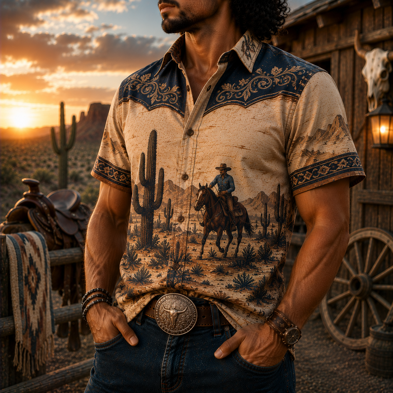 Men's Vintage Western Cowboy-Style Printed Short-Sleeve Shirt-82