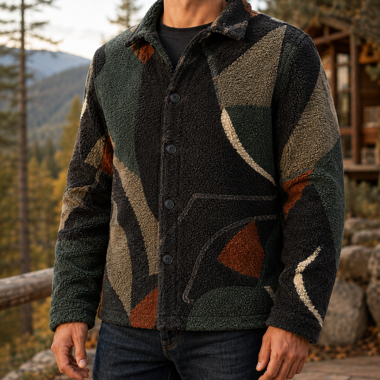Men's Geometric Fleece Shacket | Warm Shirt Jacket -49
