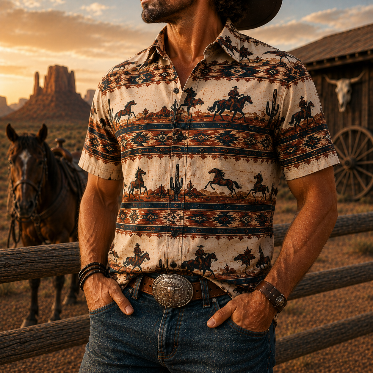 Men's Vintage Western Cowboy-Style Printed Short-Sleeve Shirt-33