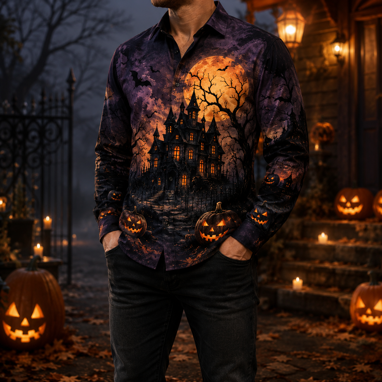 Men's Vintage Halloween Print Long-Sleeve Shirt-55