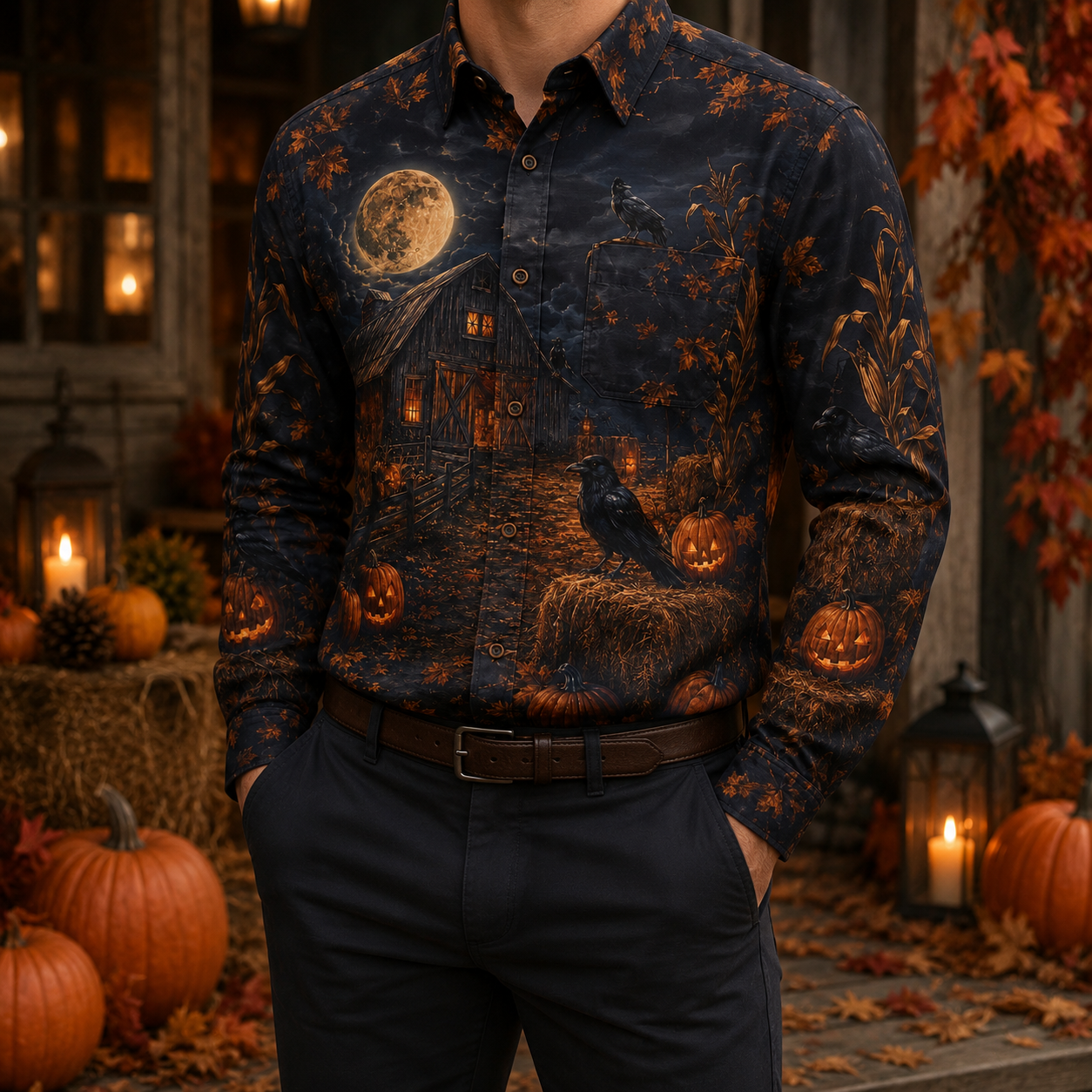 Men's Vintage Halloween Print Long-Sleeve Shirt-10