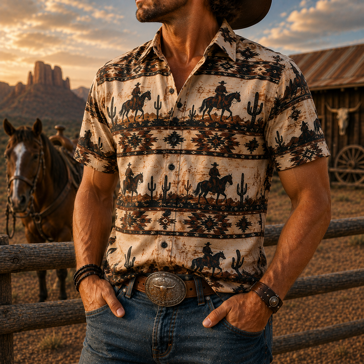 Men's Vintage Western Cowboy-Style Printed Short-Sleeve Shirt-28