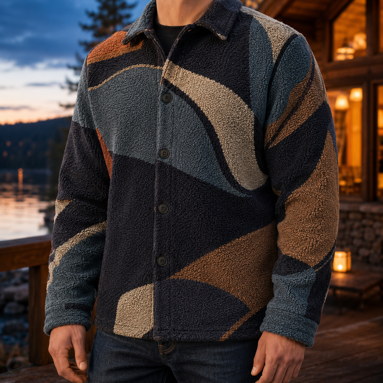 Men's Geometric Fleece Shacket | Warm Shirt Jacket -50