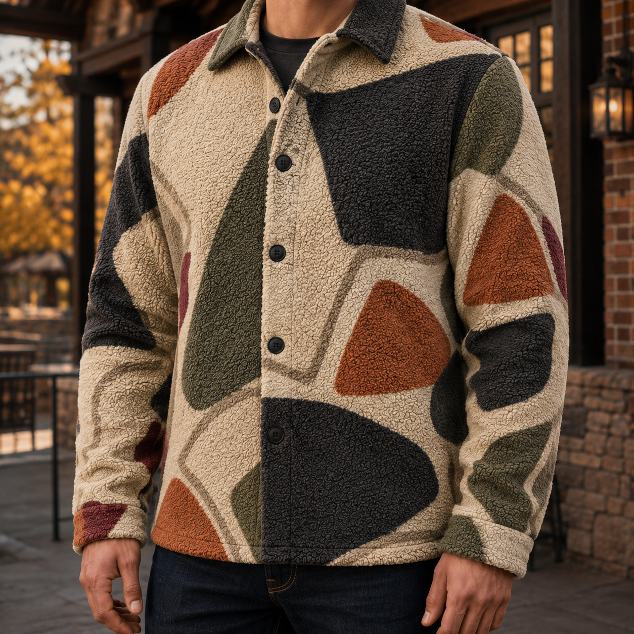 Men's Geometric Fleece Shacket | Warm Shirt Jacket -51