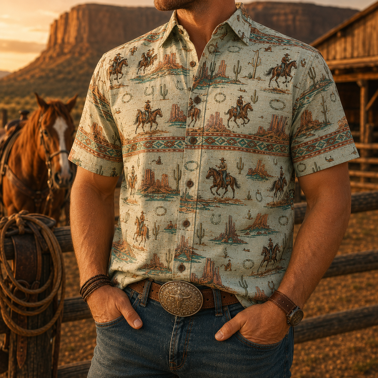 Men's Vintage Western Cowboy-Style Printed Short-Sleeve Shirt-32