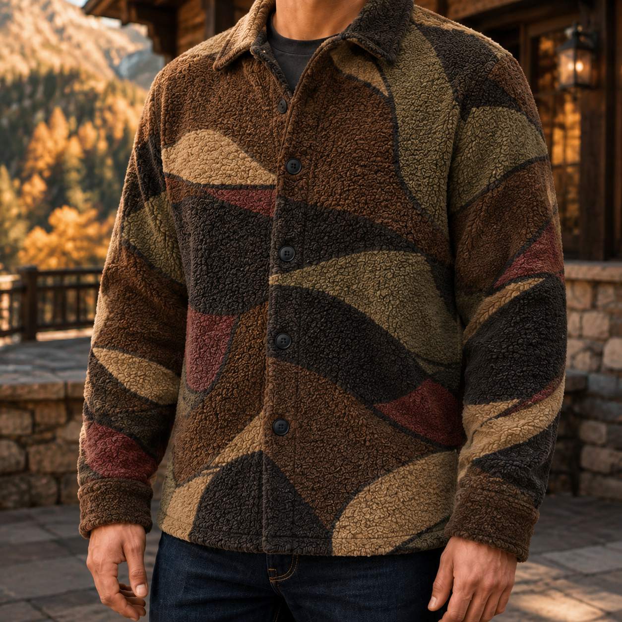 Men's Geometric Fleece Shacket | Warm Shirt Jacket -52