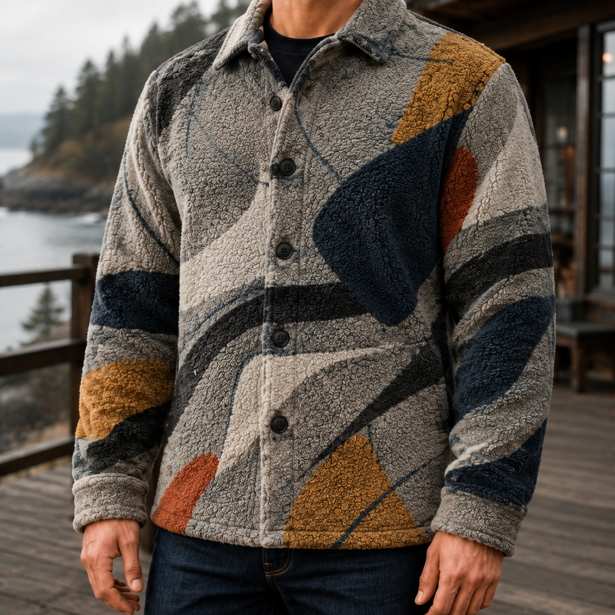 Men's Geometric Fleece Shacket | Warm Shirt Jacket -53